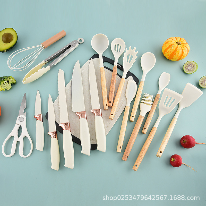 シリコーンキッチン用品 19 ピースナイフセット組み合わせ小麦わら Xuan 収納バケツステンレス鋼キッチン用品セットキッチンギフトセット|undefined