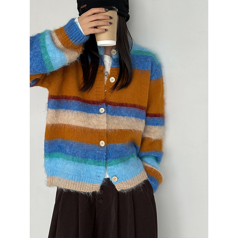 Orange and white autumn new Korean-style dopamine color-block striped knitted cardigan, Korean-style sweet outerwear B16