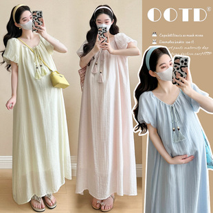 Real shot pregnant women 2025 summer dress long loose out of the foreign style hot drilling tide mom maternity dress