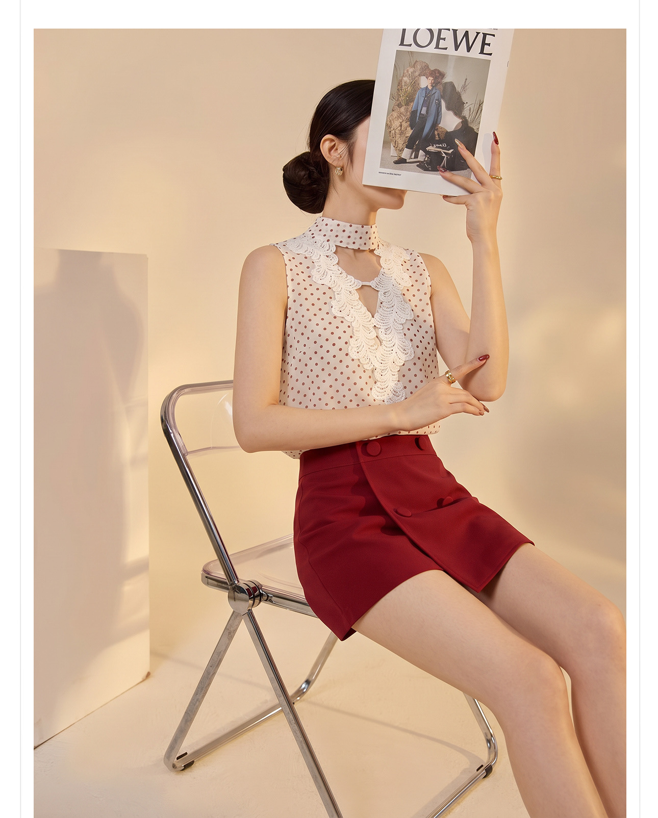 Set vest và chân váy ngắn họa tiết chấm bi phong cách Tân Trung Hoa mùa hè — Trang phục [Vest+Half Dress], nửa váy, Trang phục [Áo vest+quần short], quần đùi chi tiết 3