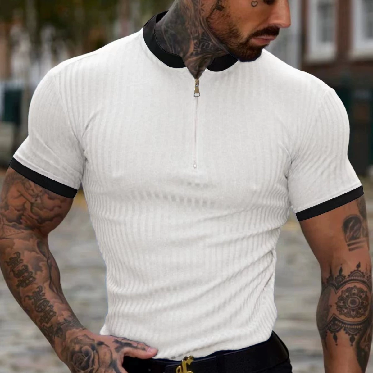 2024 Летний новый мужской трансграничный американский сплошной цвет с короткими рукавами обтягивающая спортивная футболка Генри