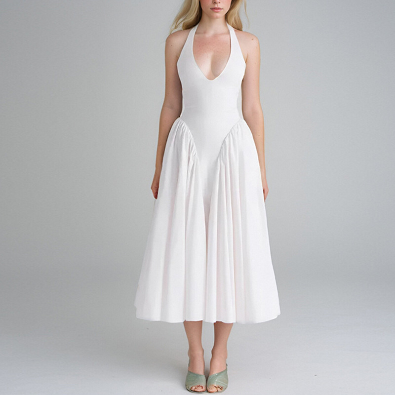 Transfronterizo 2025 primavera nuevo estilo Amazon ropa de mujer europea y americana temperamento sexy cuello halter color sólido delgado vestido sin espalda
