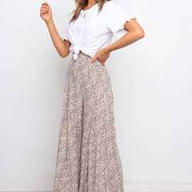 欧美外贸春夏新款松紧高腰印花棉阔腿长裤宽松甩腿女休闲裤无腰带