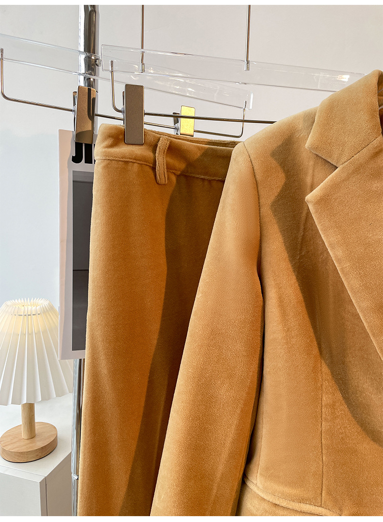 GraceChic 2025 Spring And Autumn New One-Button Set Irregular Lapel Simple Camel Suit Pants For Women_voghion.com