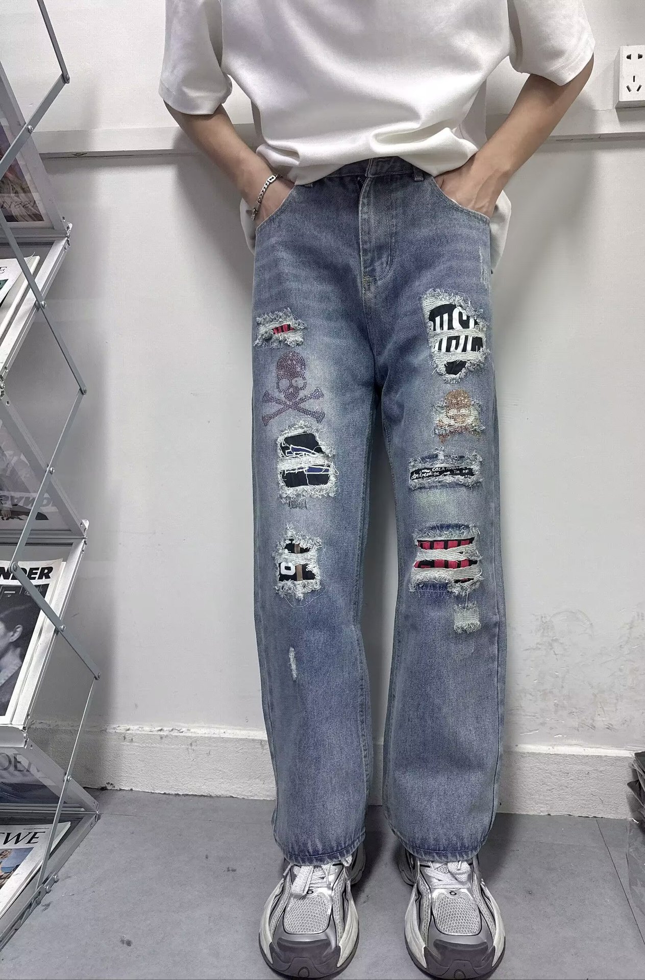 New Retro High Street Plus Size Loose Fit Jeans For Men Washed Paint Splattered Straight Leg Casual Long Pants Trendy_viptrois.com