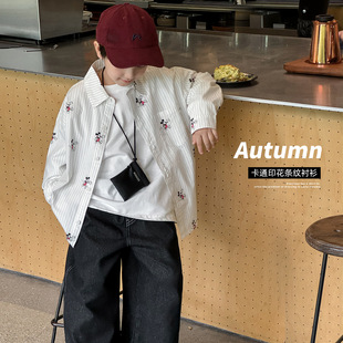 Tongku 2025 Boys Autumn New Huzhou Zhili Children's Clothing Fashion Mickey Full Print Striped Lapel Children's Shirt