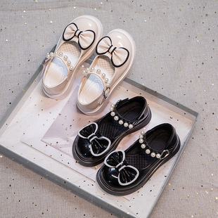 Children's British style small leather shoes 2024 new girls patent leather bow princess shoes little girls soft bottom performance shoes