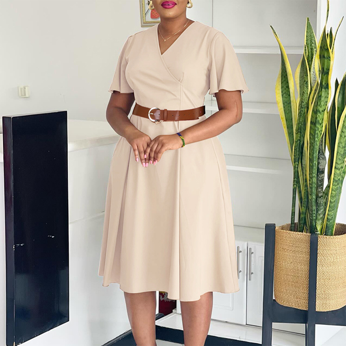 Plus Size Women's Clothing V Neck Dress Elegant Solid Color Flared Sleeve Casual Fashion American Style_ecoleips.com