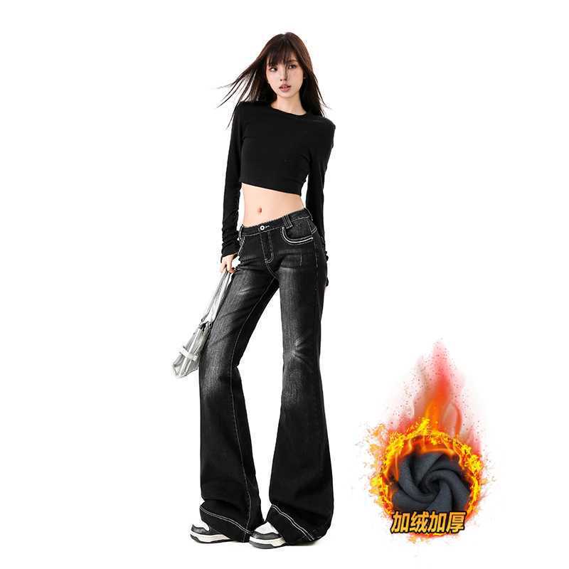 Fleece-Lined Thick American-Style Women's Jeans for Autumn and Winter, Low-Waist, Stretchy, Retro Hot Girl Style Flared Pants Wholesale Dropshipping