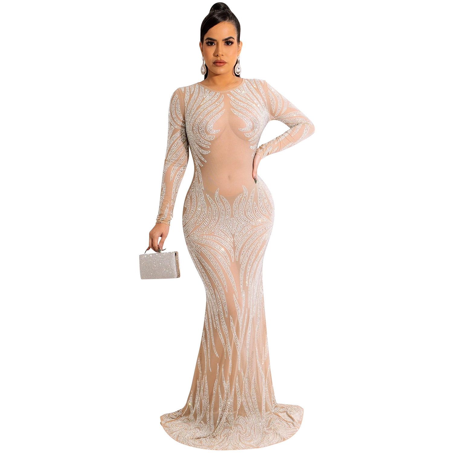 X5606 transfronterizo AliExpress Amazon club nocturno estilo sexy rhinestone malla perspectiva Vestido de manga larga vestido mujeres