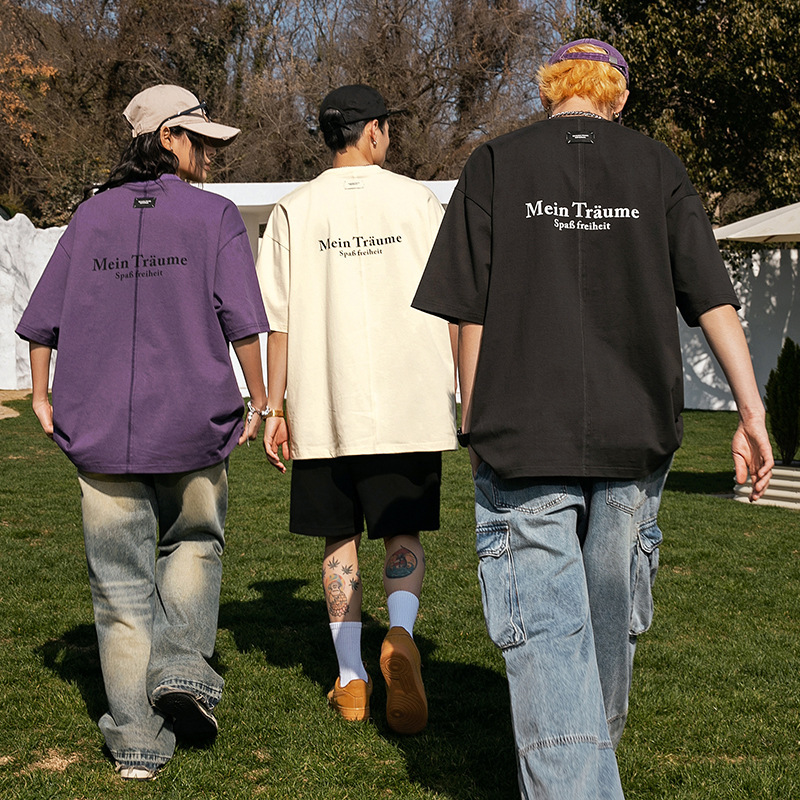 Back Splicing Design Short-Sleeved T-Shirt for Men and Women Summer New American Retro Letter Print Couple Trendy Brand T-Shirt Q