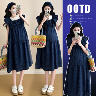 Maternity 2025 Summer New Dopamine Blue Pair Skirt White Short-sleeved T-shirt Two-piece Set Pregnant Women dress