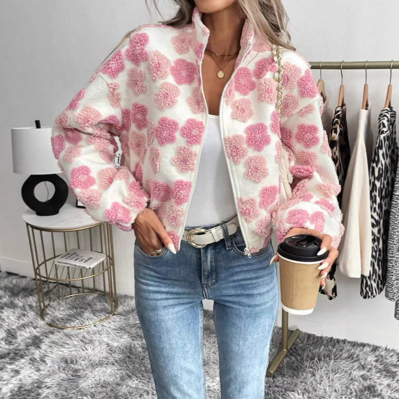 Autumn and Winter New European and American Jacquard Jacket Dopamine Pink Lamb Wool Jacket Three-Dimensional Floral Zipper Jacket