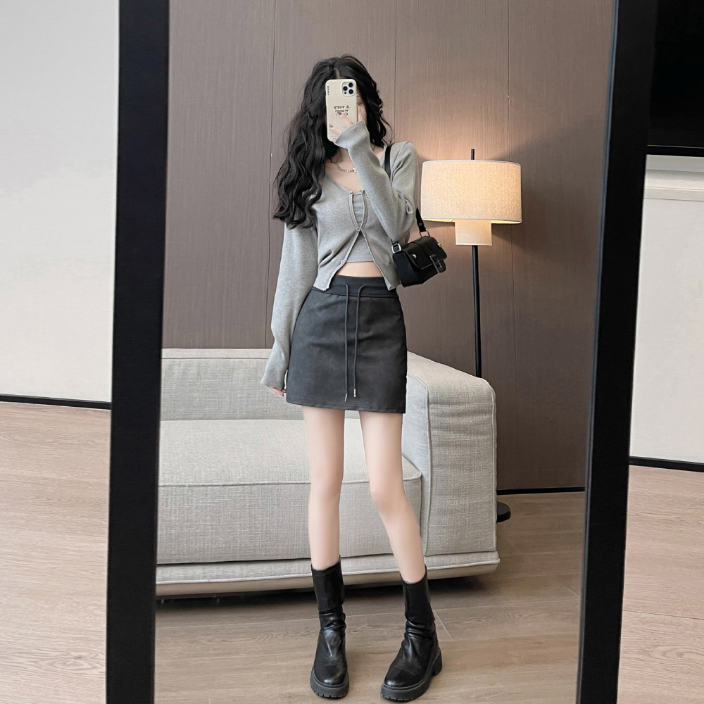 咖色小皮裙a字PU短裙女2024秋冬款百搭高腰显瘦防走光半身裙女潮