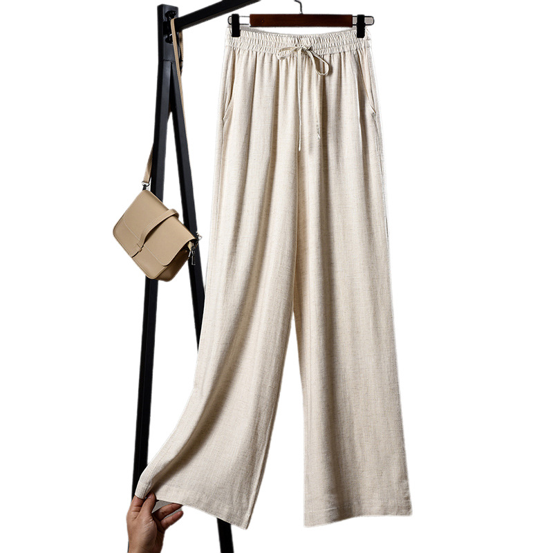가을 2024 새로운 넓은 다리 바지 여성용 높은 허리 느슨한 슬리밍 타이트 허리 레이스 업 리넨 바지