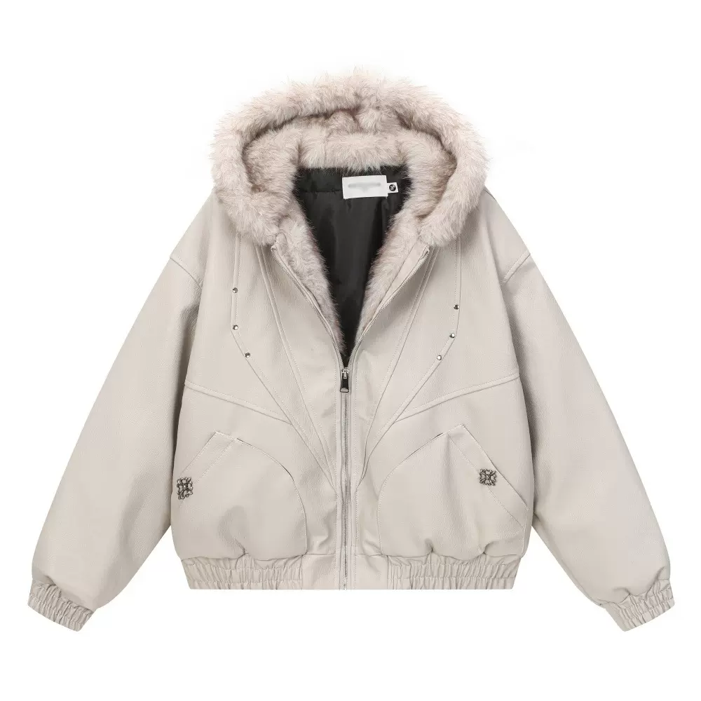 座山雕连帽PU皮毛一体棉服冬季加厚保暖男士解构分割设计感棉皮衣