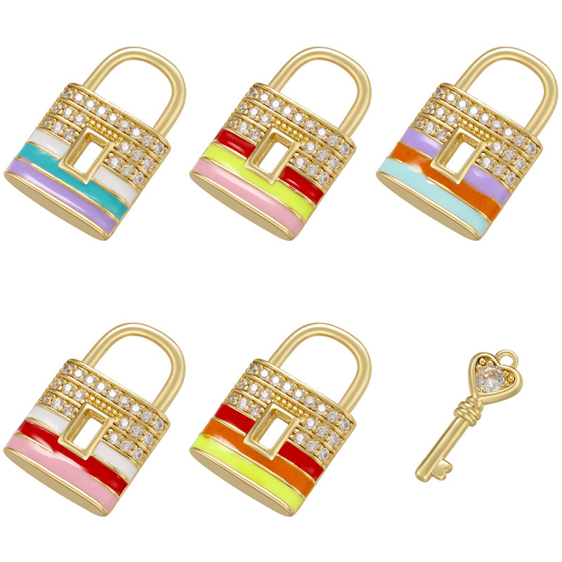 Color Drip Oil Lock Key Micro-set Zircon Copper Key Lock Pendant display picture 1