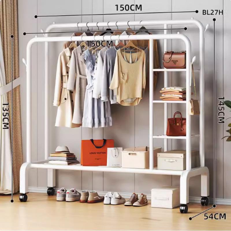 바퀴 150cm 흰색 [더블폴*사이드 수납망+단층선반] 옷걸이 4개