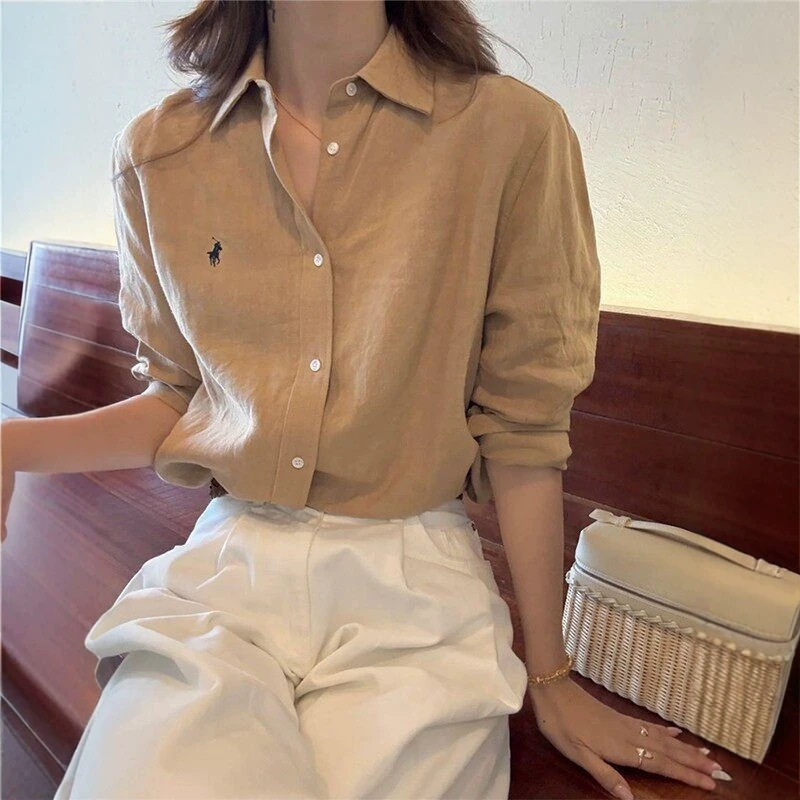 Women's Linen Shirt with Pony Embroidery, Spring/Summer 2026 New Thin Old Money Style, Autumn Cotton-Linen Casual Shirt