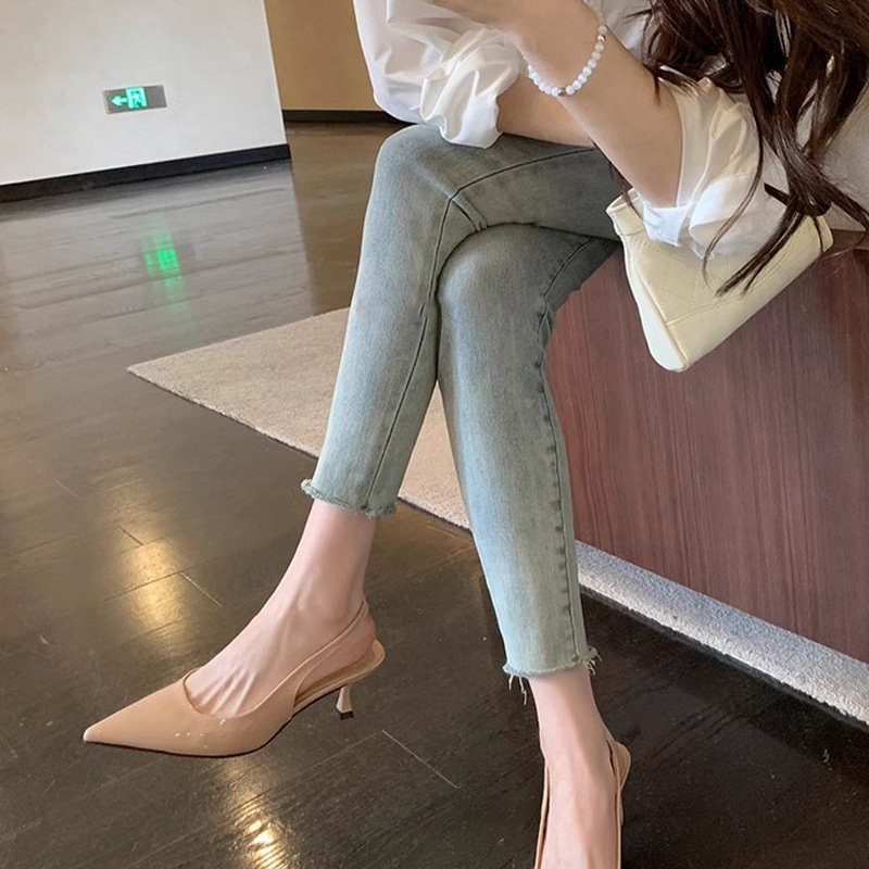 Druina hija ~ Temperamento pequeño puntiagudo boca baja sandalias vacías trasero mujeres tacón de aguja francés ocelote zapatos individuales mujeres