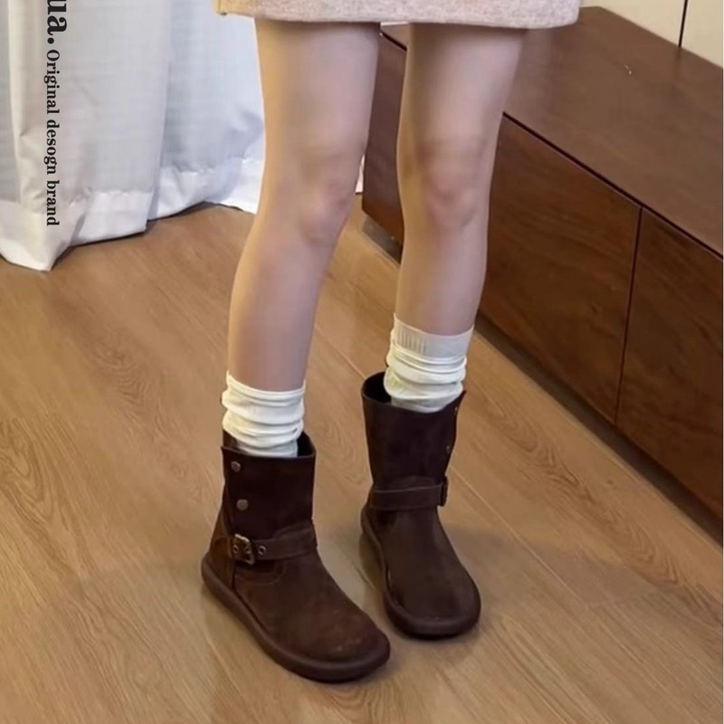 复古西部短靴女款2025新款秋季百搭圆头两穿马丁靴磨砂皮勃肯靴子|undefined