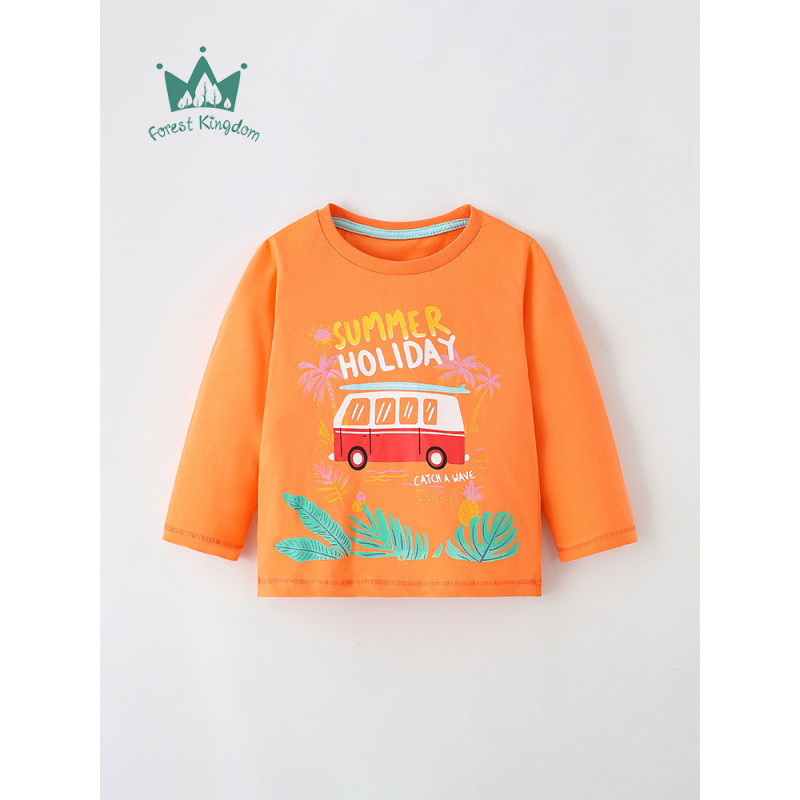 Forestkingdom Kidsren's T-Shirt Long-Sleeved Spring and Autum Round Neck Casual Cotton Bottoming Shirt Western Style Cartoon Kidsren's Clothing