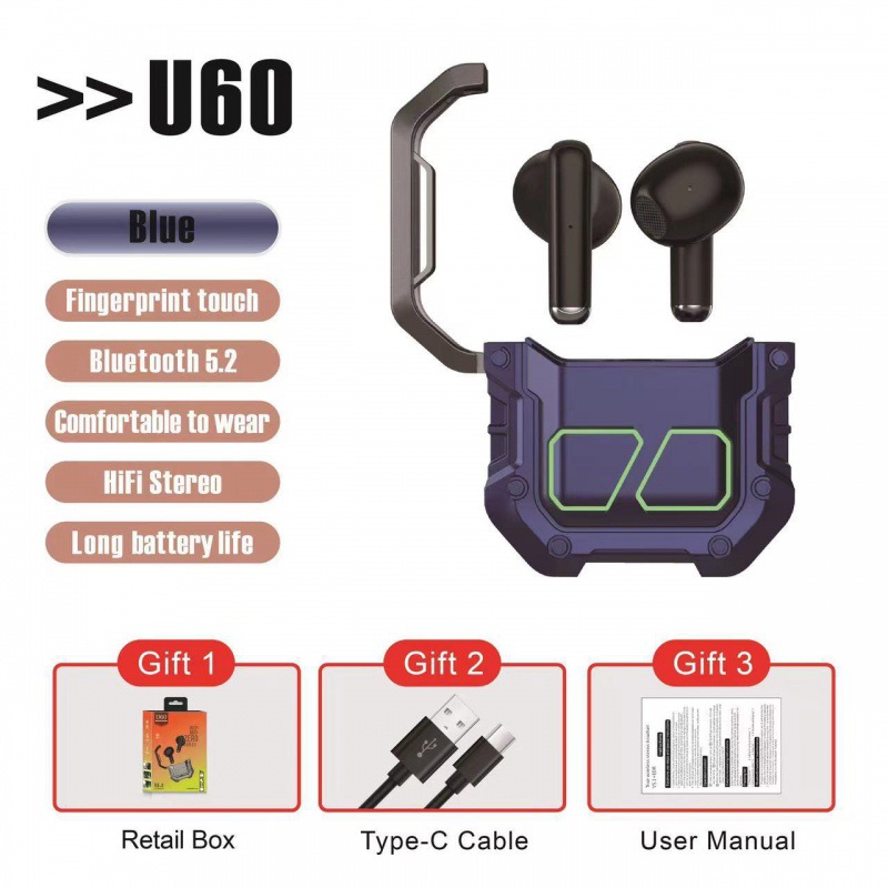 Nuevos auriculares Bluetooth transfronterizos U60 Tecnología Mecánica Viento 5.2TWS Luz respiratoria auriculares de juego de alta duración