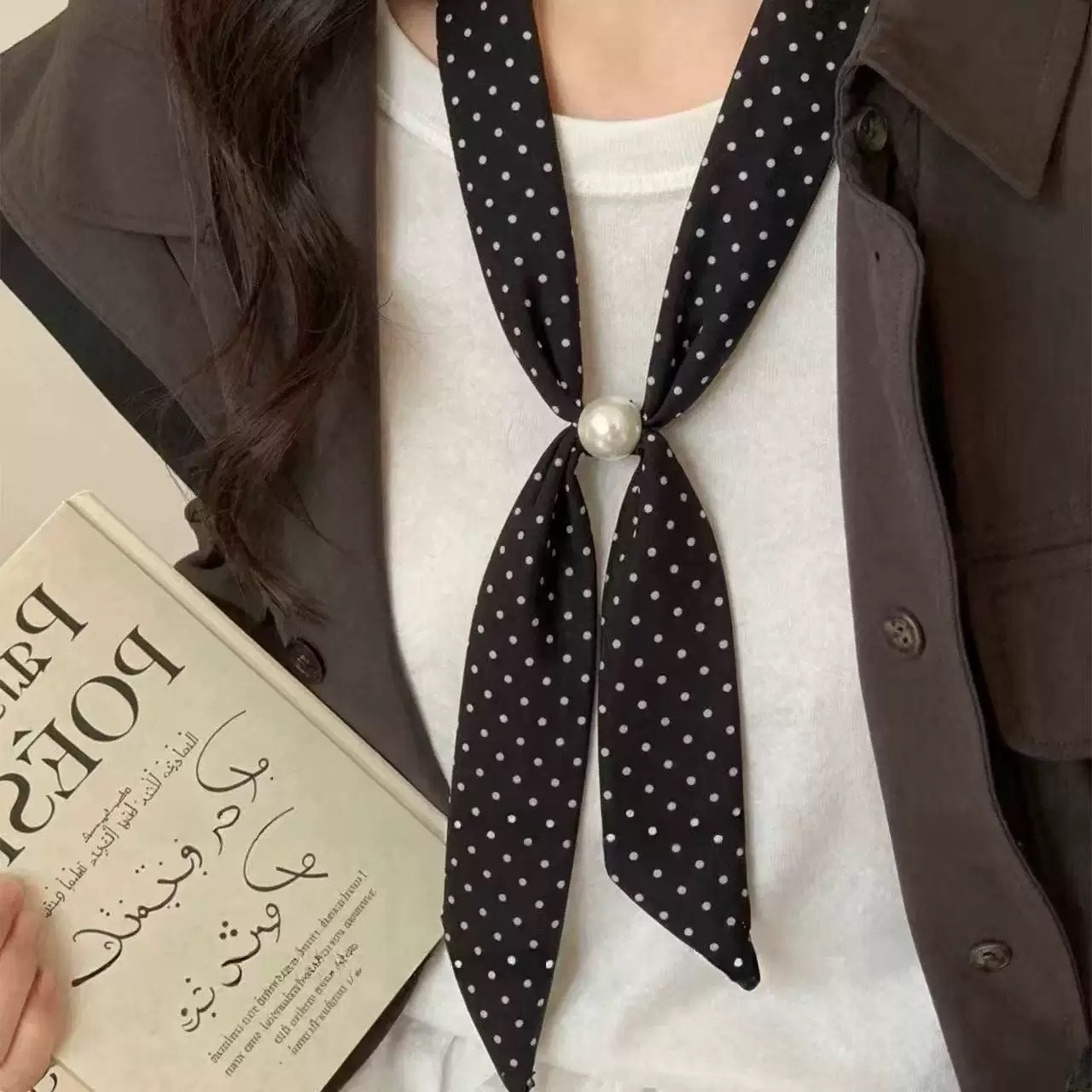 36# black polka dot pull-out pearl silk scarf-120cm