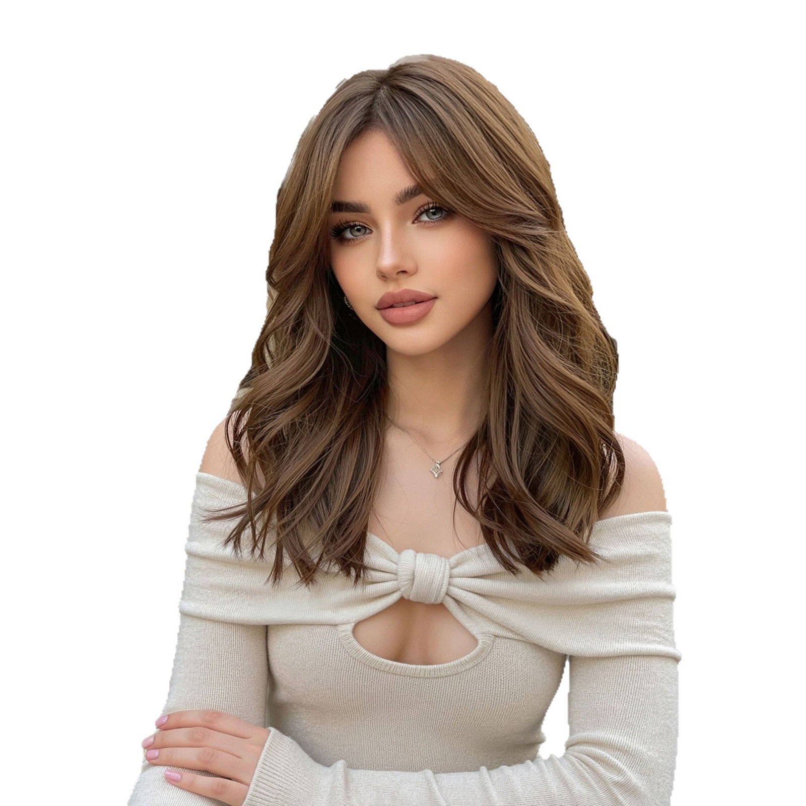 Peruca de cabello para mujer, cabello marrón medio largo rizado de 16 pulgadas, modelo de franja de seda de alta temperatura, exclusivo transfronterizo