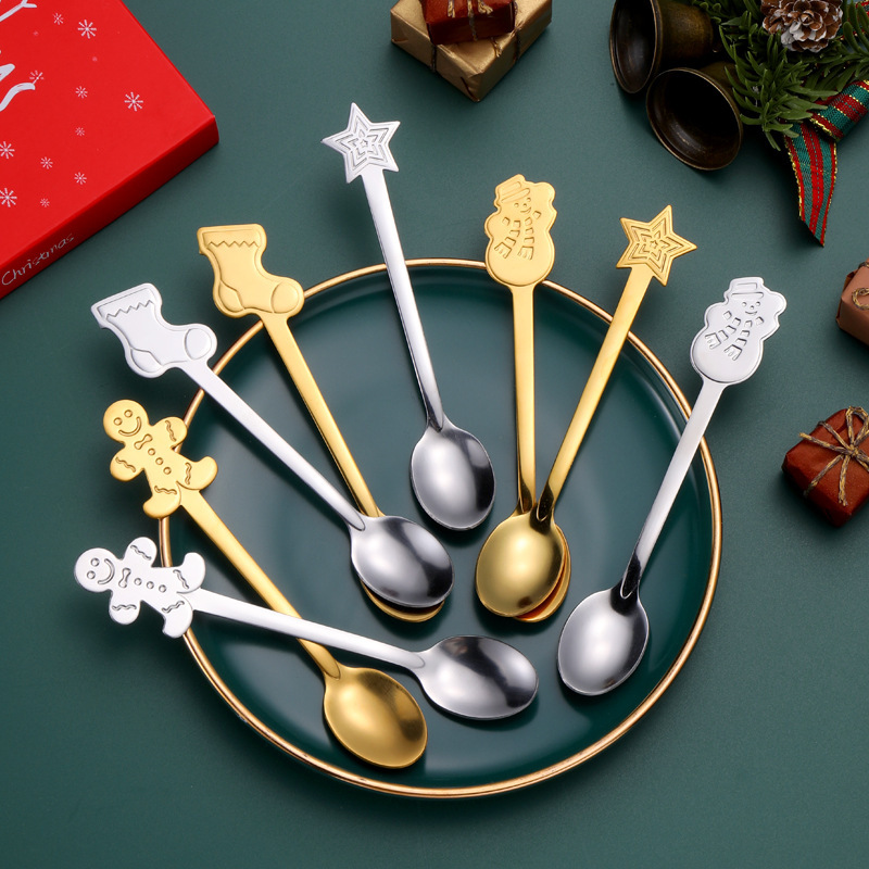 卸売りクリスマススプーンセットinsデザートスプーン金色ステンレスコーヒースプーンクリスマスクリエイティブプレゼントスプーン|undefined