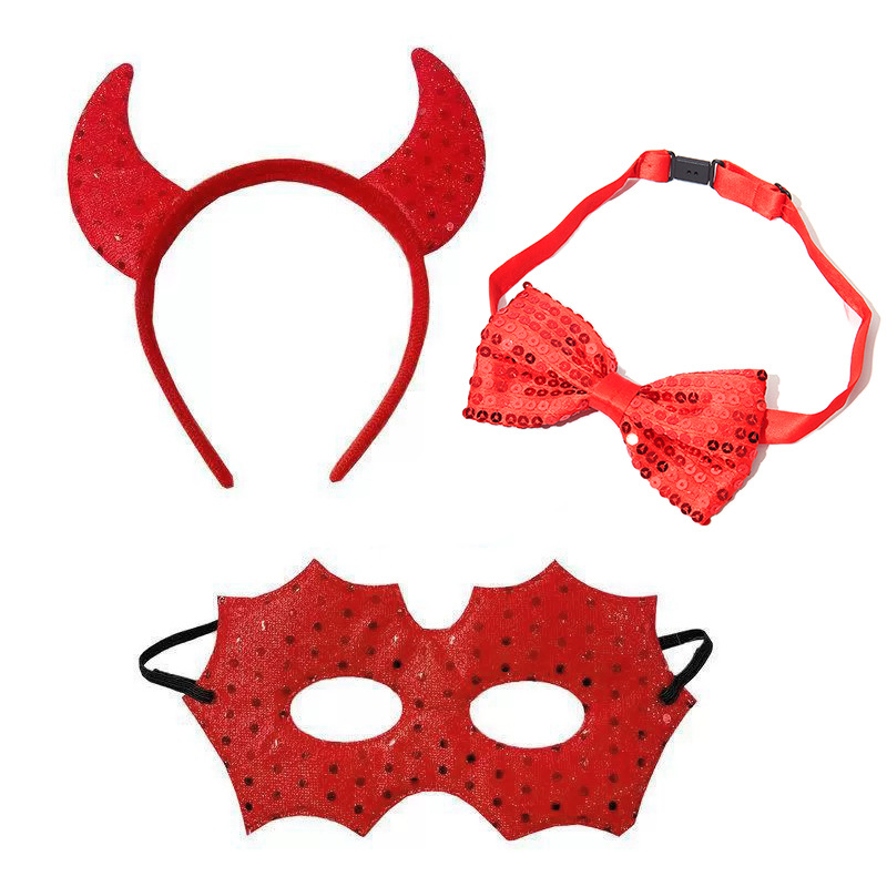 Halloween encantador diablo conjunto de decoración de cuerno de toro cabello bandos de cabeza bandos diablo tenedor de decoración de vacaciones props fábrica al por mayor