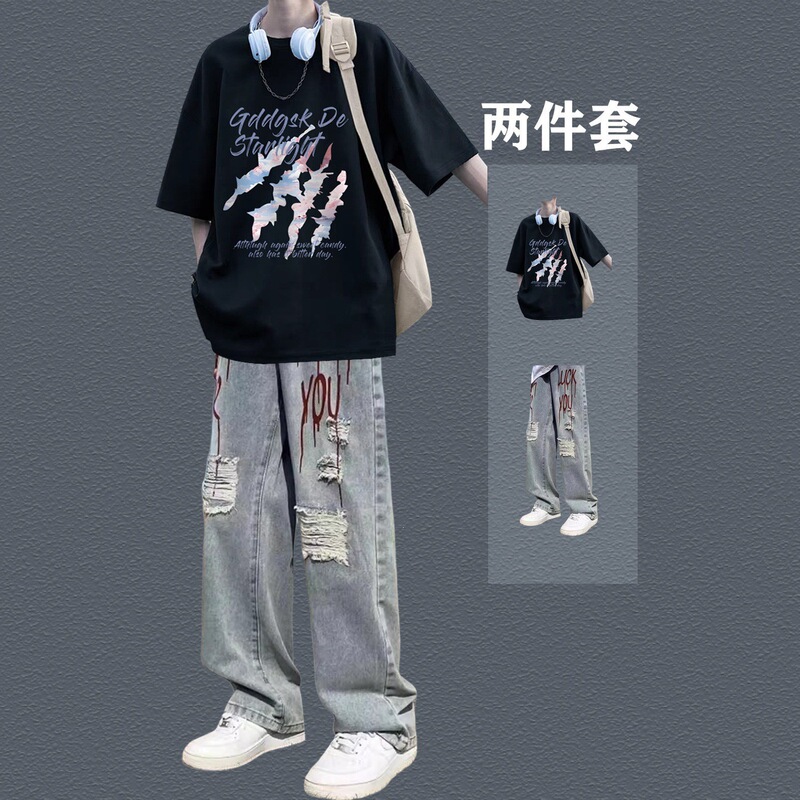Short-Sleeved T-Shirt, Youth American-Style Boys' Outfit Set, Ins High Street Jeans, Daily Wear, Thin Two-Piece Set Short-Sleeved T-Shirt, Youth American-Style Boys' Outfit Set, Ins High Street Jeans, Daily Wear, Thin Two-Piece Set
