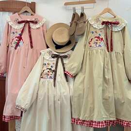 森女日系甜美蝴蝶结刺绣韩版娃娃领风衣外套少女中长款女装秋