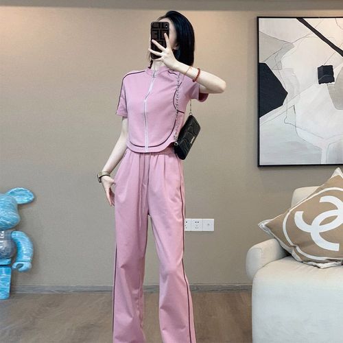 Design-inspired casual sports set for women, summer, high-waisted zipper short-sleeve wide-leg pants, two-piece set, trendy