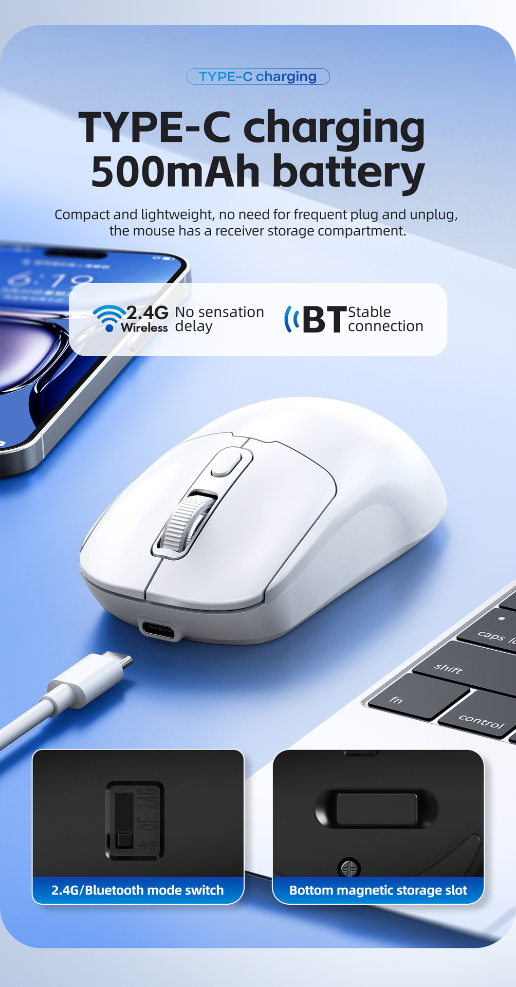 T-WOLF Thunder Wolf Q3 Bluetooth Kablosuz Fare Çift Modlu Şarj 2.4G Dizüstü Ofis Fare Sessiz