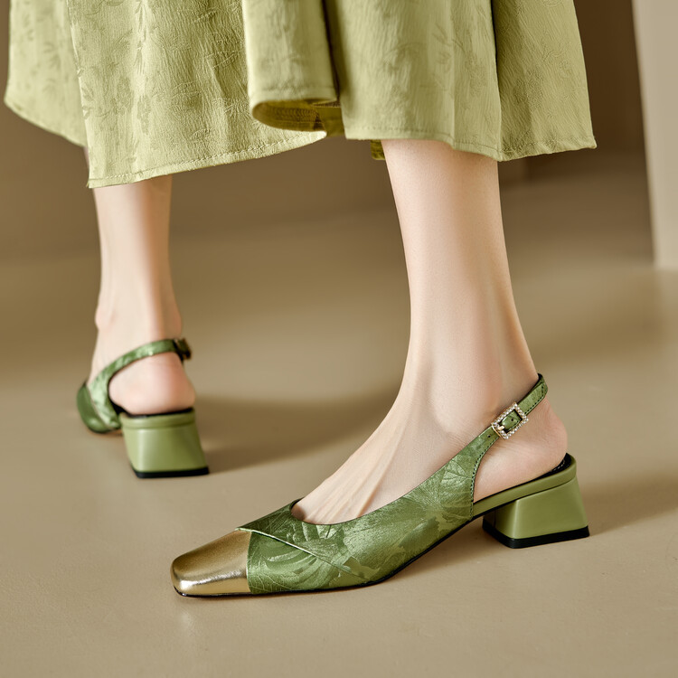Sandal bít mũi nữ da bò phối màu gót thô 5 cm — Màu xanh lá, Màu mơ chi tiết 41