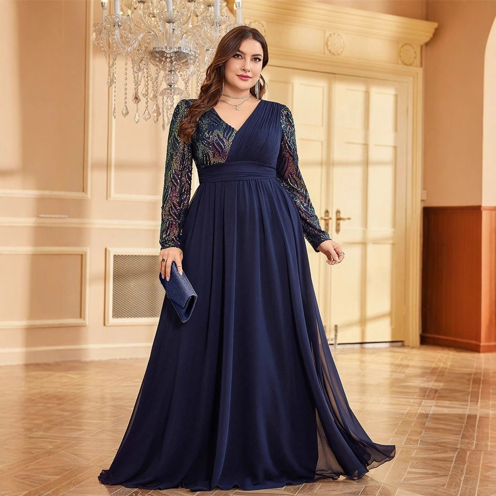 European and American plus size New Sequin Stitching Long Sleeve Evening Dress Women's Banquet Elegant Fishtail Dress Long Toast dress
