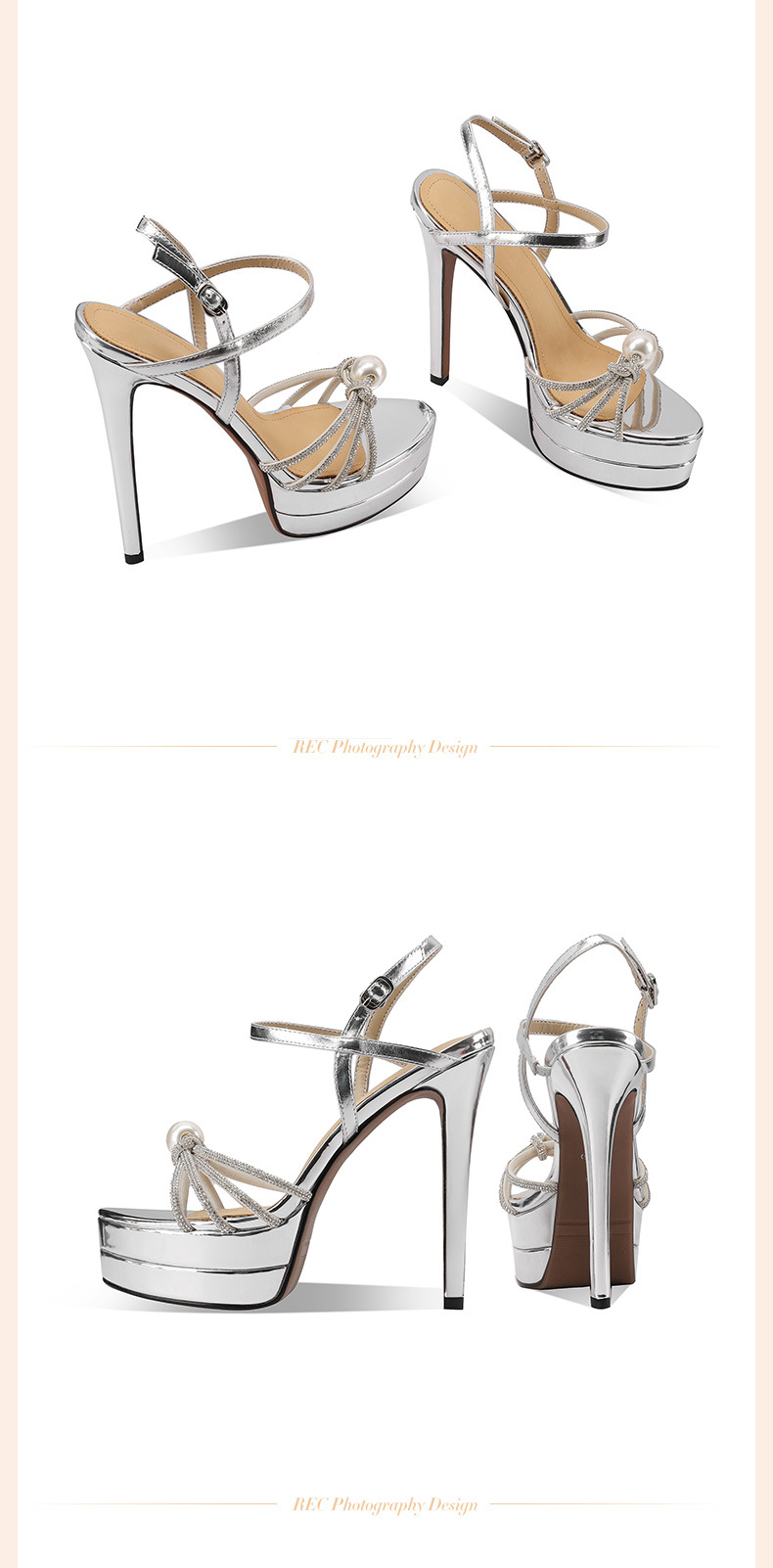 Sandal cao gót nữ hở mũi đế dày đính đá gót nhọn 12 cm — Màu sâm panh chi tiết 5