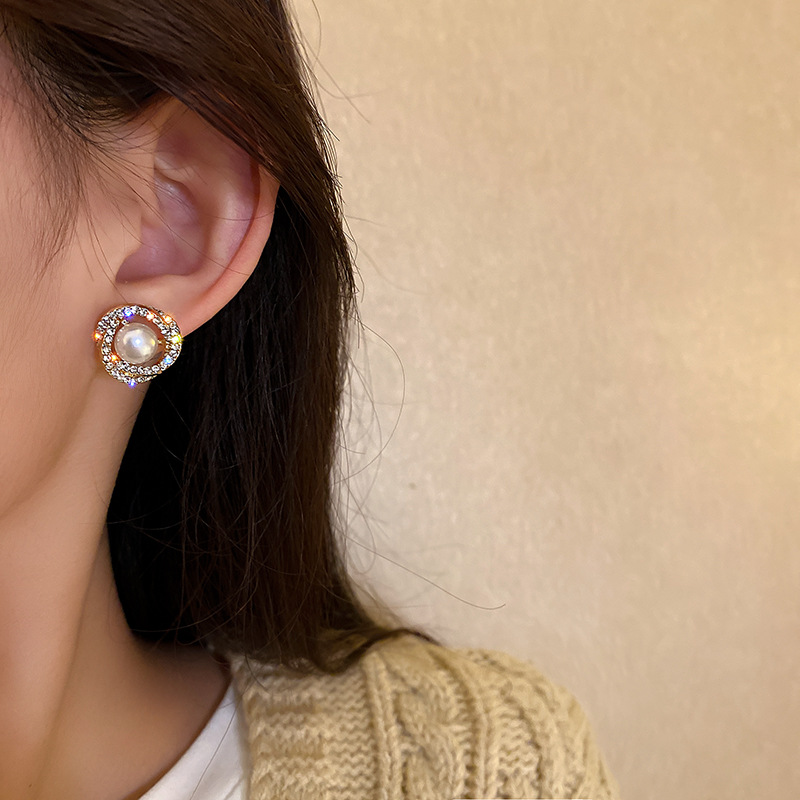 Corea Del Sur Dongdaemun simple moda pendientes de moda pendientes elegantes para las mujeres 925 aguja de plata doble anillo perla Rhinestone pendientes