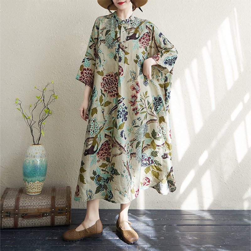 2025 Summer New Style Elegant Artistic Retro Cotton and Linen Printed Stand Collar Loose Oversized Vacation Dress
