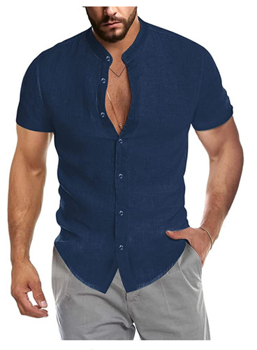 Summer V-neck Linen New Style Collarless Short-sleeve Men's Shirt, Versatile