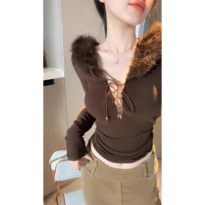 Simulated Fox Fur Slim Long-Sleeved Female Sister's Cool Fur Collar Top 2025 Autumn and Winter Bottoming Shirt Pure Desire Inner Wear Simulated Fox Fur Slim Long-Sleeved Female Sister's Cool Fur Collar Top 2025 Autumn and Winter Bottoming Shirt Pure Desire Inner Wear