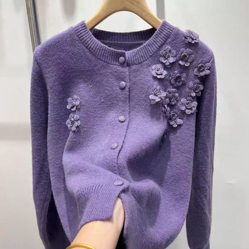 羊绒毛衣外套女2025秋冬新款纯色重工花朵针织开衫百搭洋气上衣灰|undefined