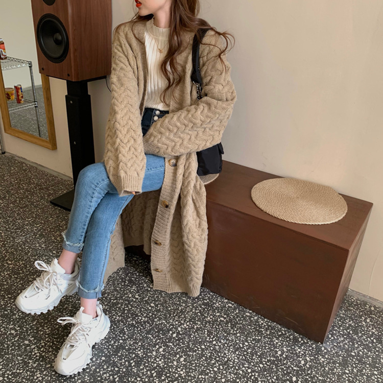 韓国厚いツイストレイジースタイルコート 2025 秋と冬ルーズスリムロング厚いカーディガンセータージャケット女性のための|undefined