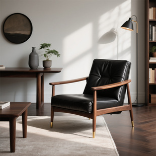 North American Black Walnut Sofa Chair Leather Single Sofa Living Room Leisure Chair Normcore Solid Wood Classy Furniture