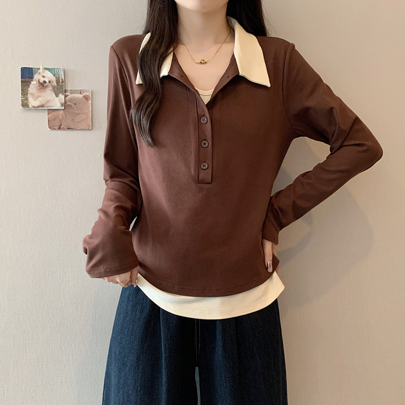 实拍2025秋装新款胖mm大码女休闲百搭polo领撞色假两件长袖上衣|undefined