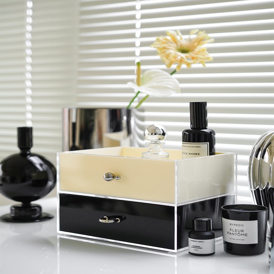 加工制作桌面防尘亚克力收纳盒抽屉式收纳梳妆台化妆品置物盒子