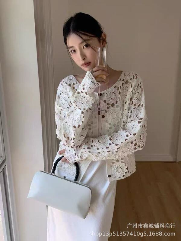 波西米亚风长袖拼接镂空钩花圆领新款法式复古宽松显瘦女洋气上衣|undefined