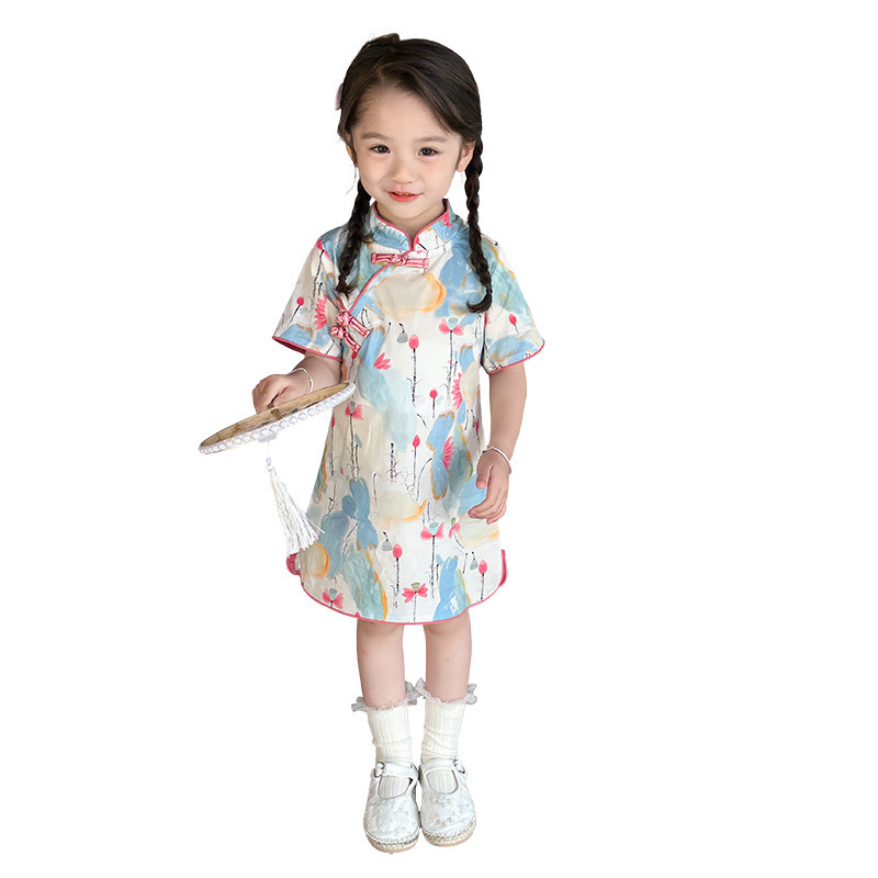 [Bienestar de verano] Nuevo cheongsam chino para niñas, vestido Tang con hebilla de disco mejorado, falda Hanfu para niños de verano image 5