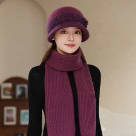 冬季毛线帽子女士中老年人围巾套装奶奶妈妈针织兔毛防寒保暖老人